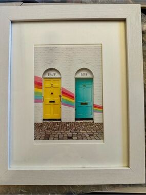 Wood Framed Wall Art - Yellow & Teal Doors with Rainbow Accent